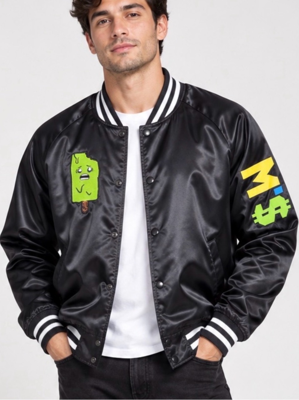 Forever 21 Black Satin Bomber Jacket with Green Popsicle Man Graphic